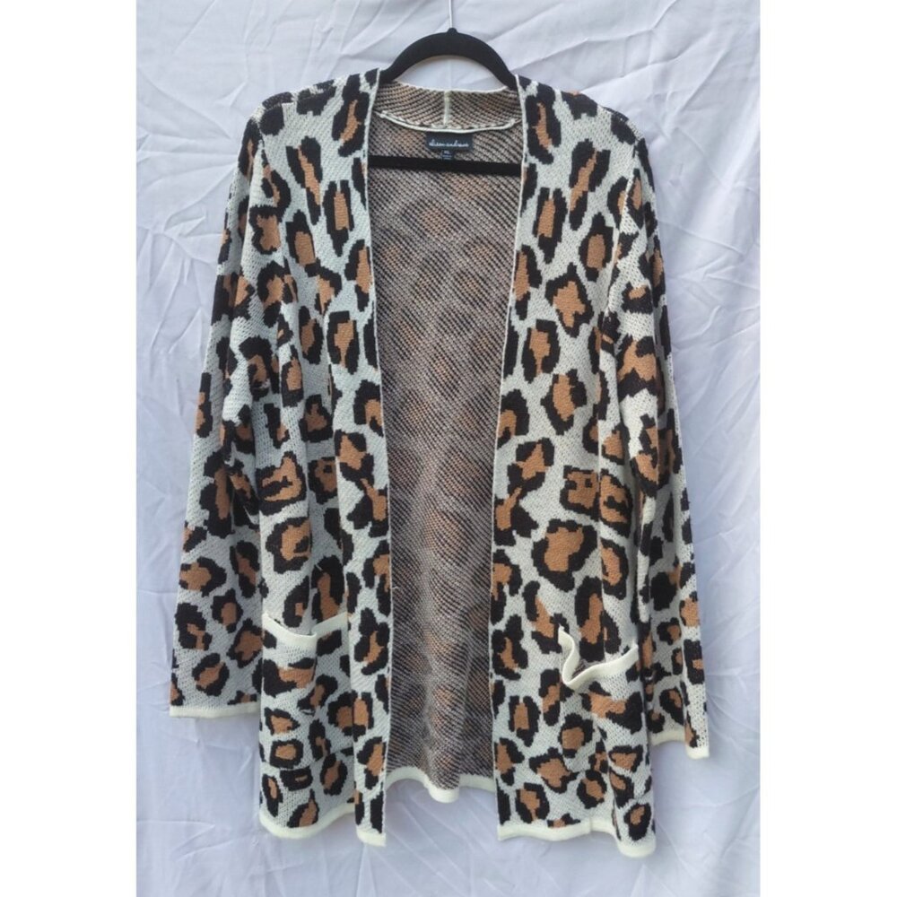 Alison Andrews Animal Print Cardigan XL Open Front Knit Coatigan Pockets Boho‎
